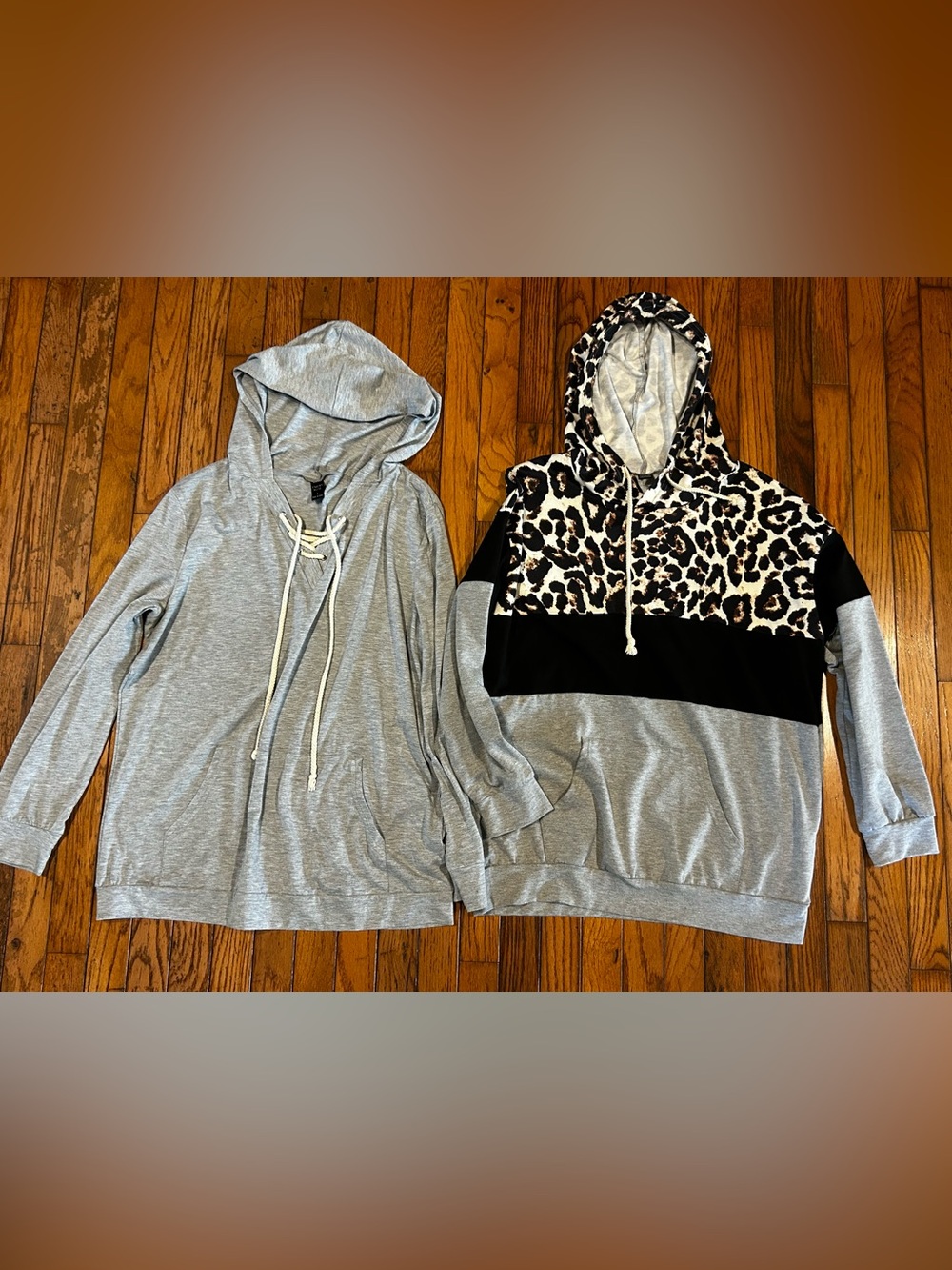 Women’s Large Hoodie Lot SHEIN & Emery Rose Leopard Colorblock Lace Up Gray